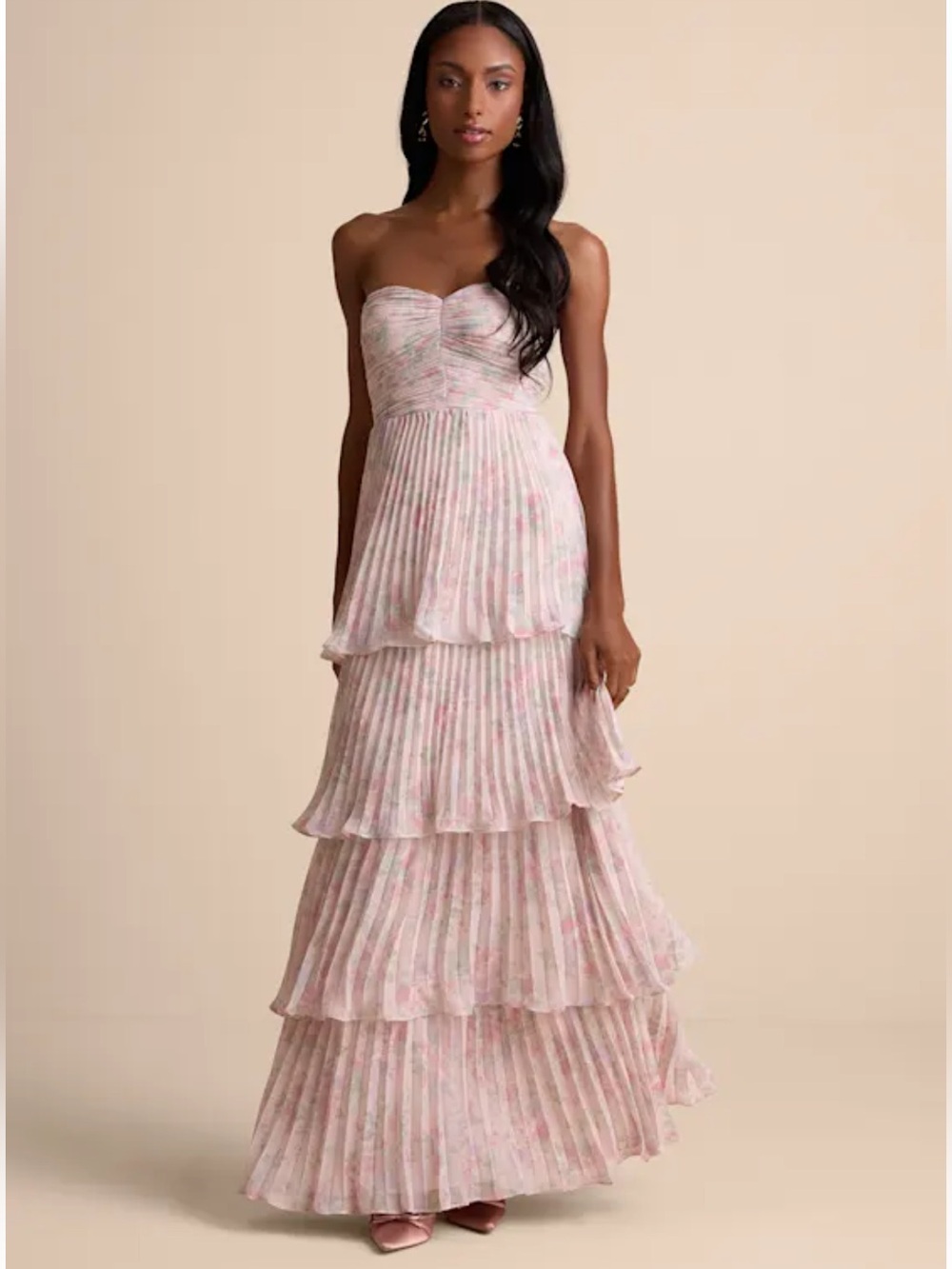 Lulus Seriously Sensational Blush Pink Floral Tiered Strapless Maxi Dress L NWT